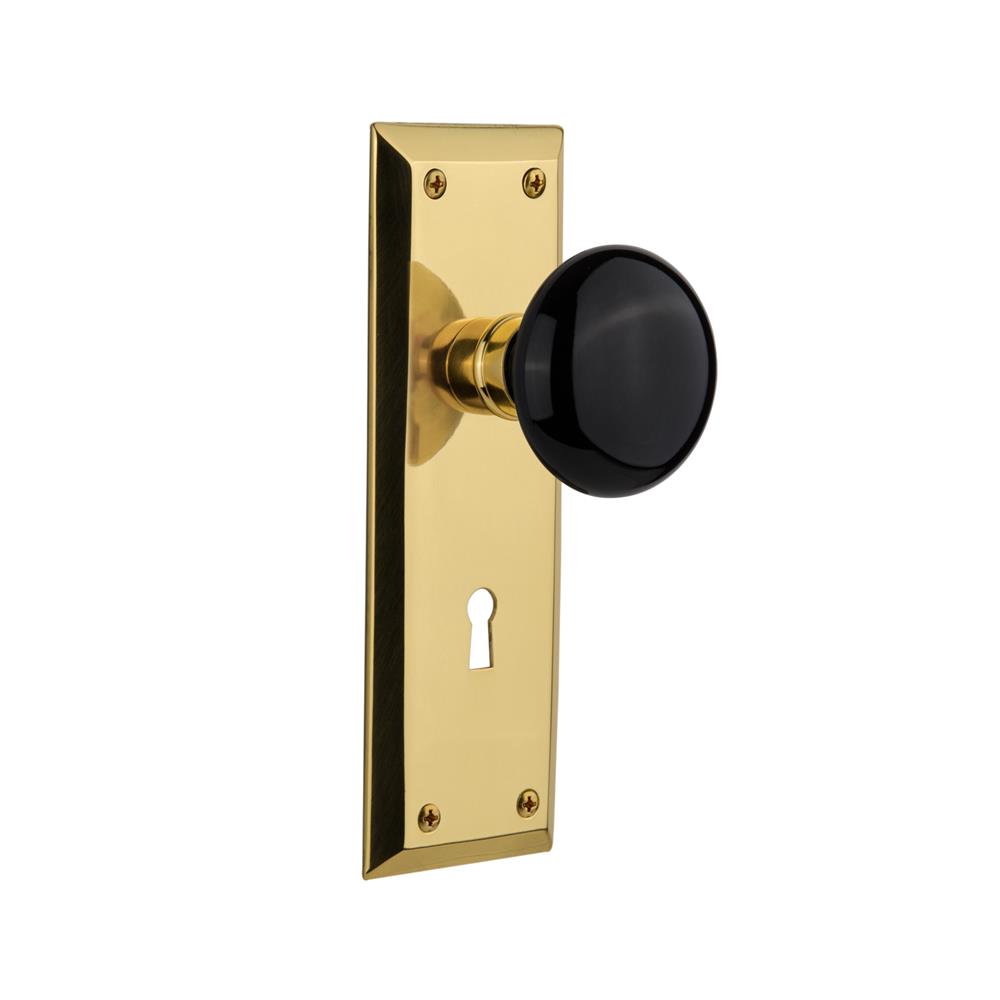 Nostalgic Warehouse NYKBLK Mortise New York Plate with Black Porcelain Knob and Keyhole in Unlacquered Brass
